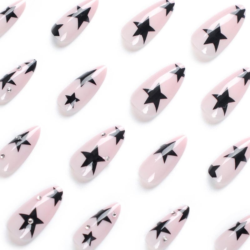 Maigitur Black Star Press on Nails Medium Almond Fake Nails with Design Rhinestone Stick on Nails Acrylic Nail Star False Nail Glossy Natural Nude Glue on Nail for Women Girls Manicure 24Pcs… - Image 3